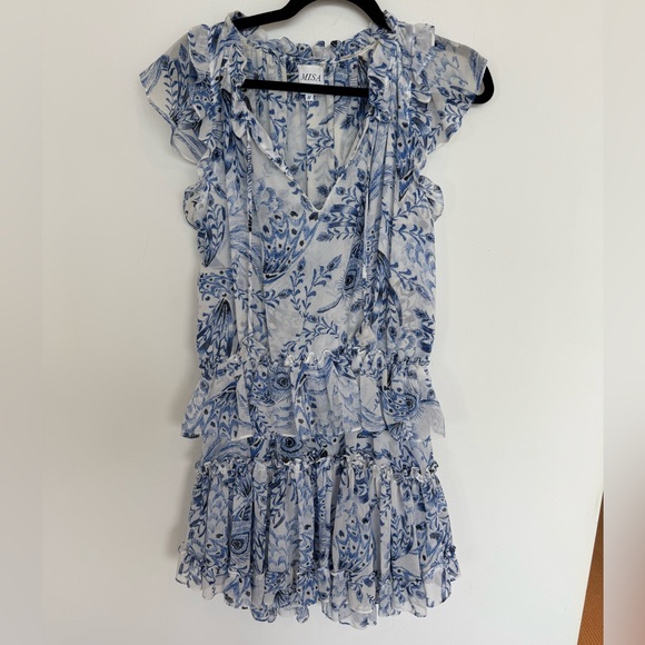 Misa Los Angeles Lilian Ruffle Mini Dress in Blue and White Peacock Print size M - Picture 3 of 7